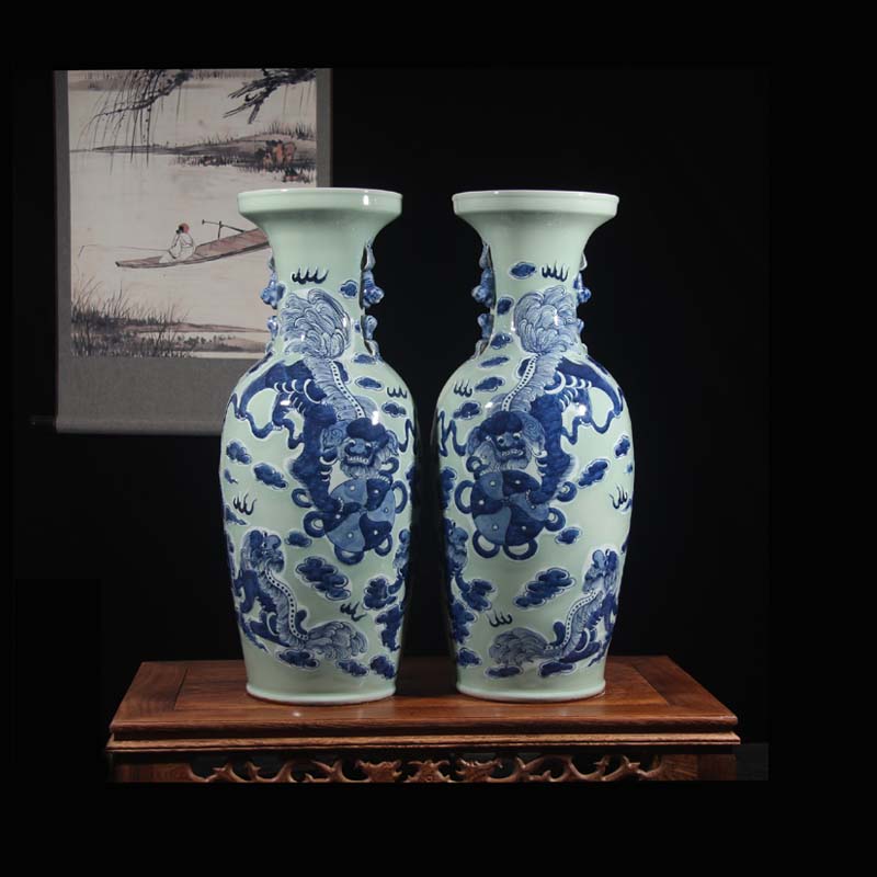 Jingdezhen double lion imitation word antique vase of dowry hand - made ceramic vase 60 Gao Qinghua ground vase