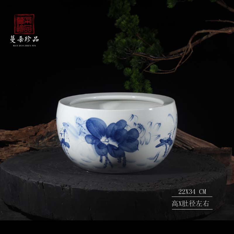 Hand - made classic lotus big writing brush washer art cultural blue - and - white ceramics writing brush washer display writing brush washer from the fish tank