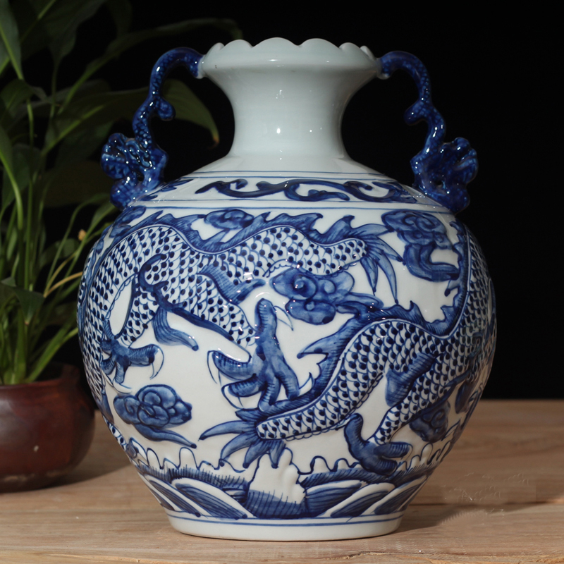 Imitation of yuan blue and white peony dragon large pot of yuan dynasty blue and white peony dragon benevolent ears blue - and - white porcelain jar of big as cans