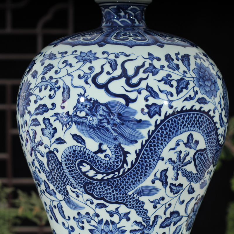 Jingdezhen blue and white dragon hand - made mei bottle imitation qianlong anaglyph dragon around 35 cm45 high lotus lotus flower porcelain