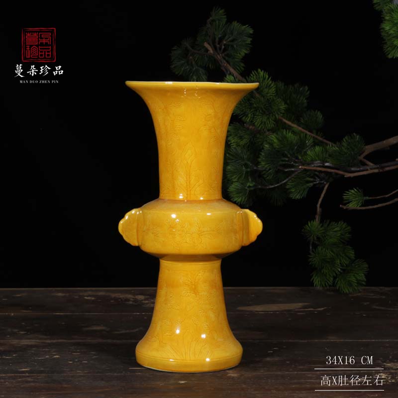 Ming hongzhi yellow glaze color yellow glaze porcelain vases hongzhi big Ming dragon grain porcelain vases, antique Ming hongzhi