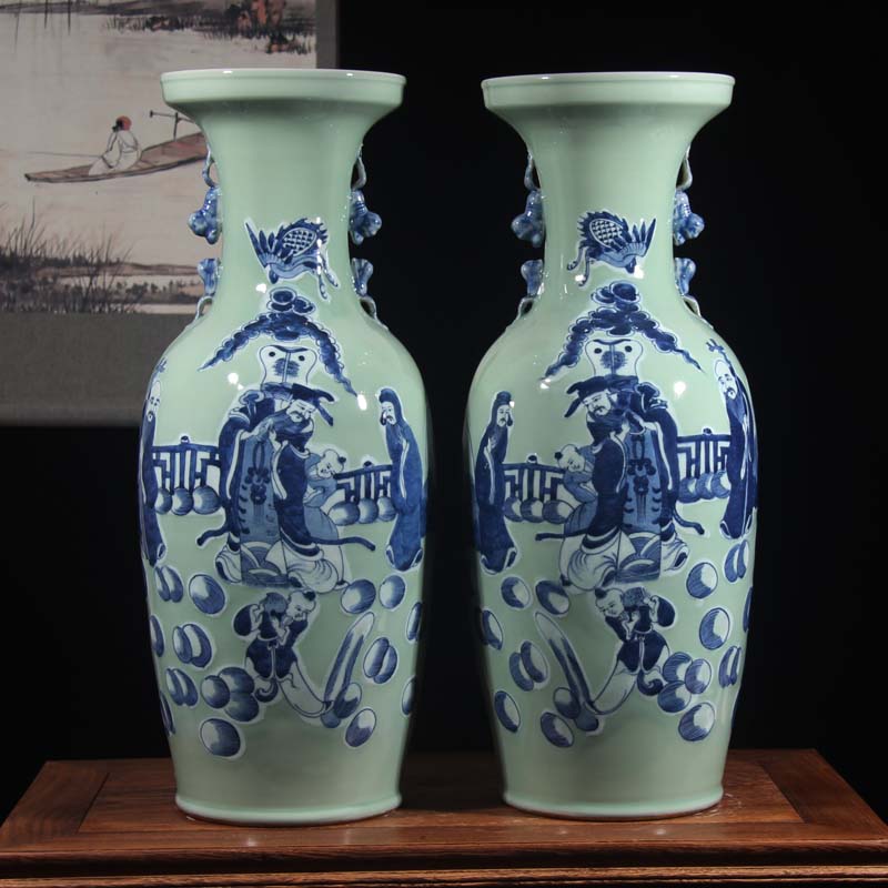 Jingdezhen double lion imitation word antique vase of dowry hand - made ceramic vase 60 Gao Qinghua ground vase