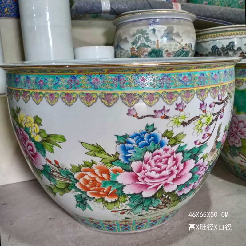 Jingdezhen painting enamel peony large cylinder diameter 50 cm ceramic art painting and calligraphy art ceramic cylinder