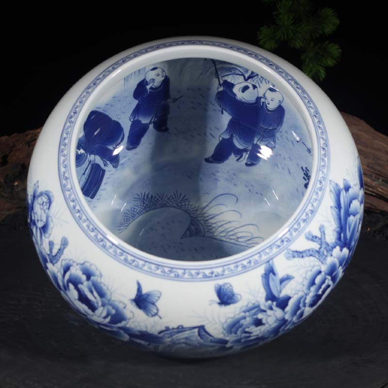 Blue and white double - sided peony peony writing brush washer from jingdezhen Blue and white porcelain porcelain basin display writing brush washer water is shallow