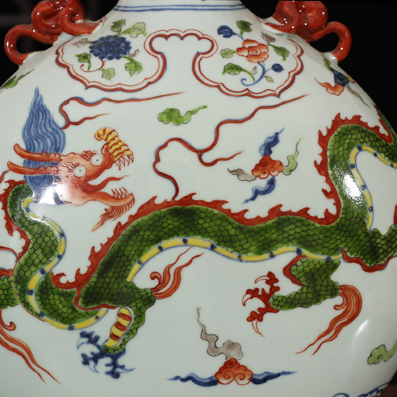 Jingdezhen porcelain dou dragon grain ears flat bottles of yuanyang grain flat hand antique XuanDeCai porcelain vase