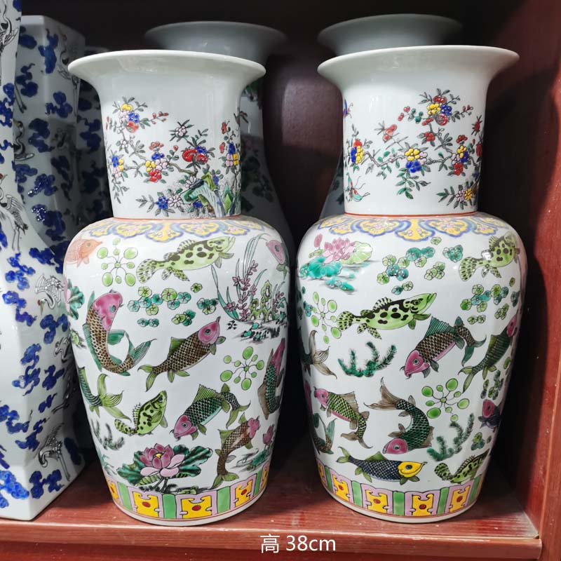 Jingdezhen hand - made archaize kangxi war enamel vase Jingdezhen ceramic powder enamel fish bottle algal lines cross the characters