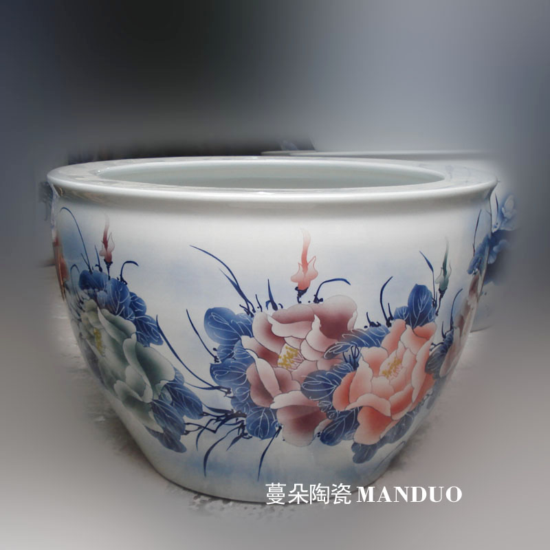 Jingdezhen blue and white lotus red carp hand - made porcelain crock peony color peony painting and calligraphy cylinder 800