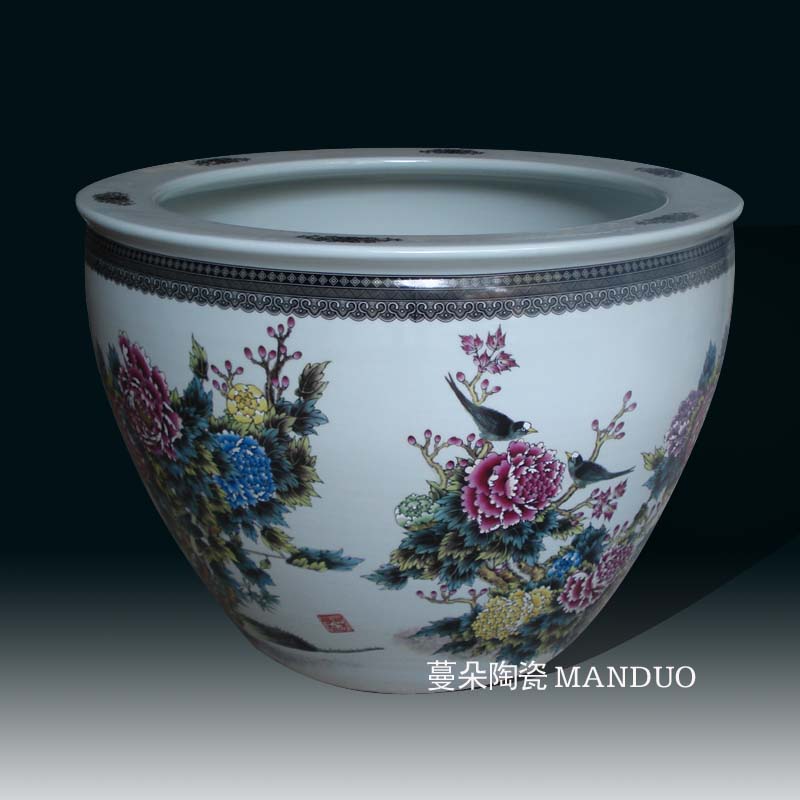 Jingdezhen porcelain peony riches and honour of the big cylinder elegant color sitting room big courtyard lotus cylinder cylinder diameter of 70