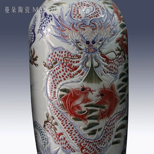 Jingdezhen carved dragon red carp lines of large vase opening taking culture gifts of the enterprises