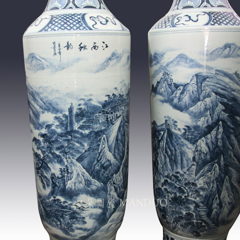 Jingdezhen blue and white landscape hand - made 2.2 meters tall vase of large enterprise opening taking presented a large vase