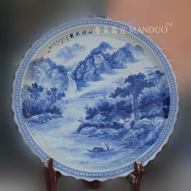 Blue and white landscape of the big diameter of 90 cm hand - made of porcelain high - end decorative porcelain a large sitting room hall China plate