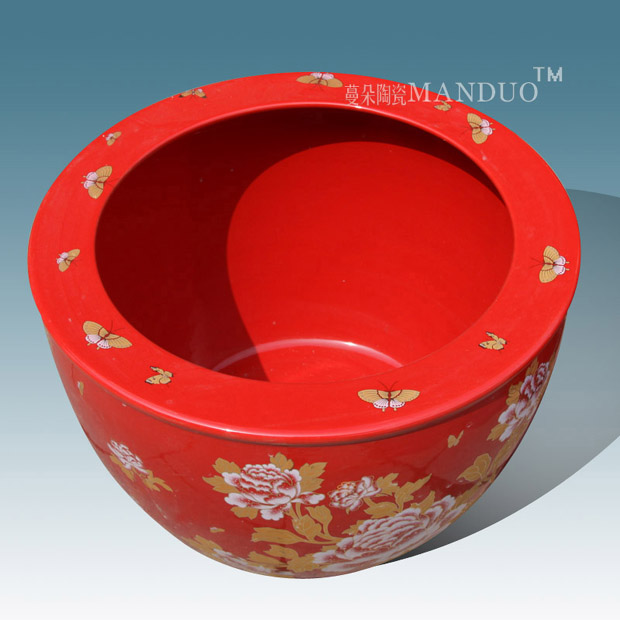 Jingdezhen red ceramic painting and calligraphy cylinder cylinder aquarium goldfish tortoise porcelain red festive and wedding accessories