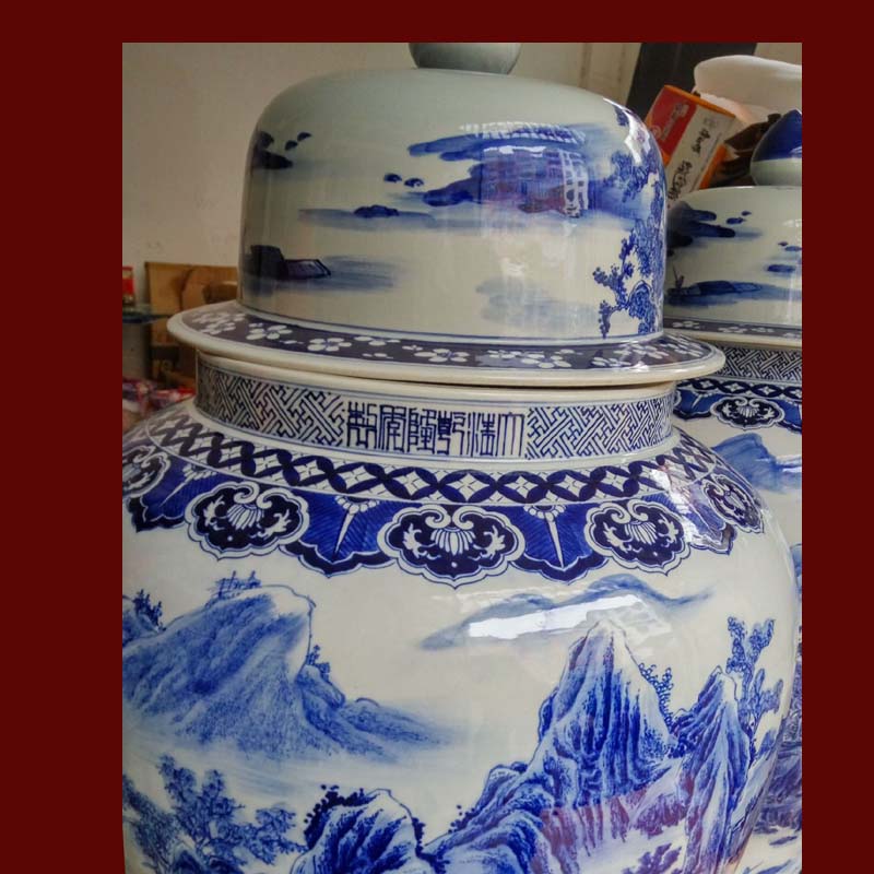 Jingdezhen pure hand - made copy general kangxi porcelain pot 1 meter high pure hand - made fret about landscape