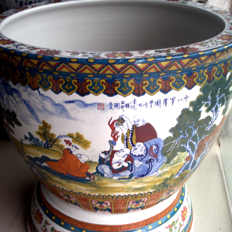 Jingdezhen hand - made of 18 arhats colorful porcelain VAT colorful porcelain glaze porcelain under the big cylinder diameter of 90 feet