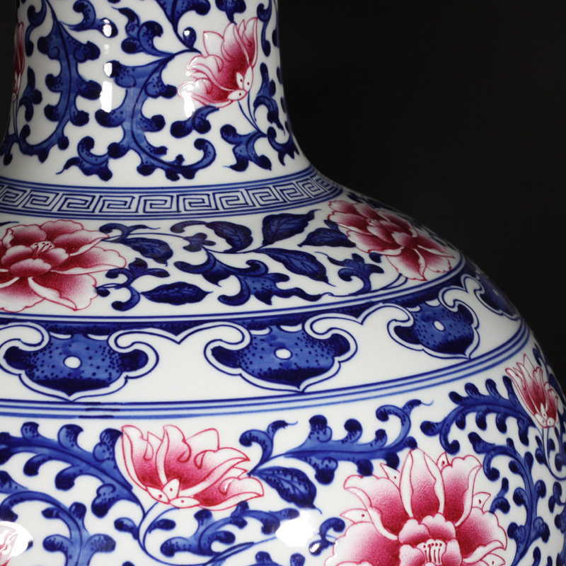 Jingdezhen porcelain dou colors branch lotus celestial vase 60 cm Gao Qinghua bucket color red branch lotus bottle