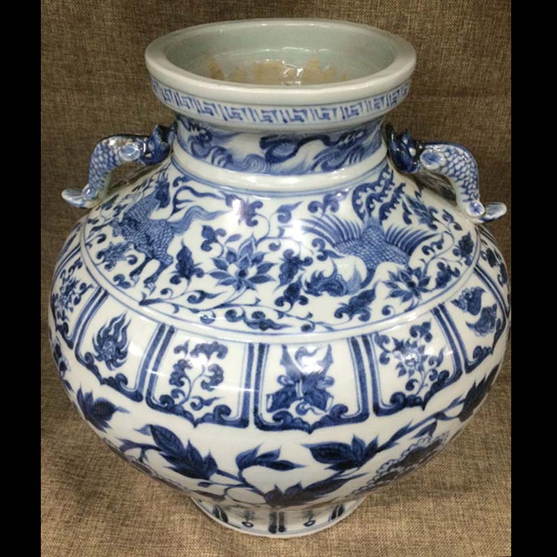 Jingdezhen high imitation of the yuan dynasty hand - made ears big shrimp pot peony mei bottles of blue and white porcelain pitcher of high imitation "according to the book