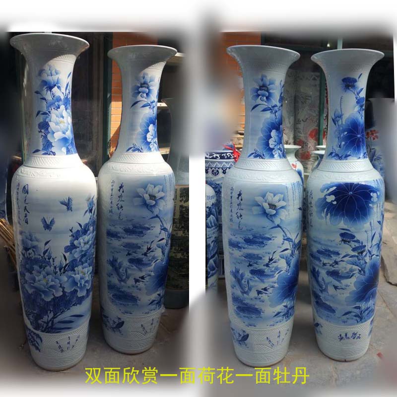 Jingdezhen hand - made all blue and white lotus flower peony double enjoy 1.8 to 2.2 meters tall vase of large companies