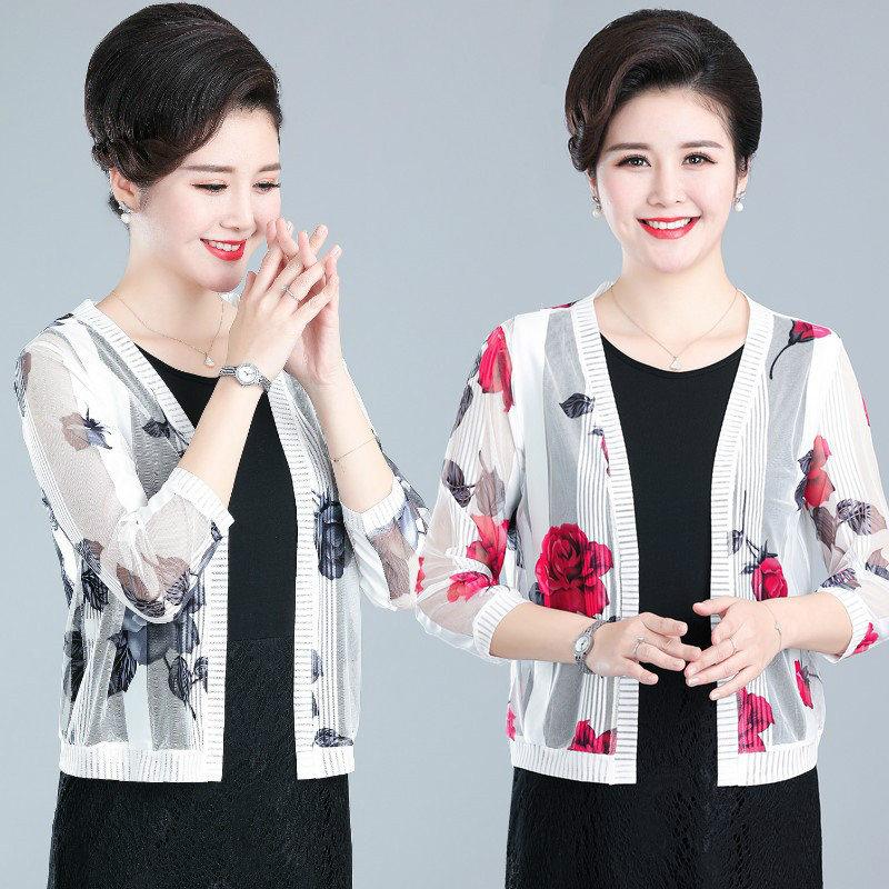 Middle-Aged and Elderly Printed Cardigan Thin Jacket, Summer Short Style Mother's Clothing, Women's Plus Size Lace Shirt, Sun Protection Shawl Outerwear
