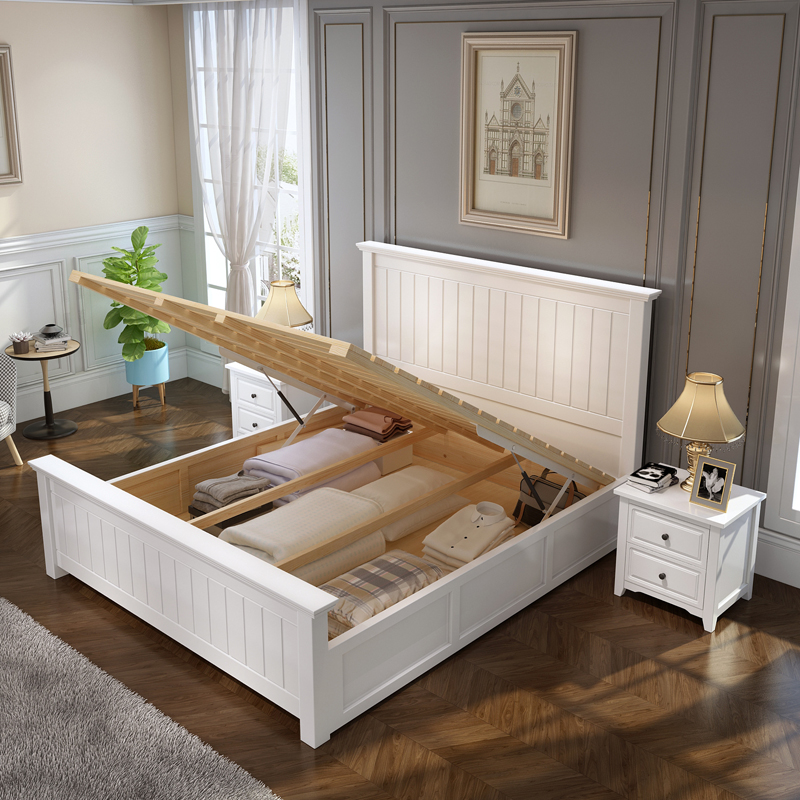 American Double Bed 1 8m All - Solid Wood Mediterranean 1 5m Single Simple Modern High - Box Storage White Marriage Bed