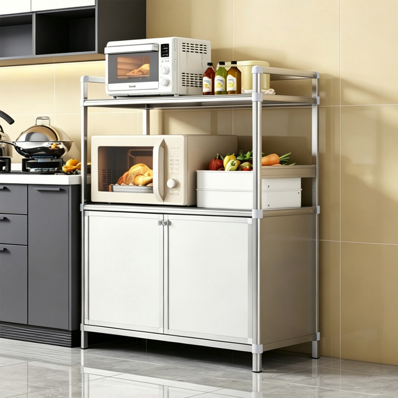 Aluminum Alloy Kitchen Cabinet Storage Rack, Floor-Standing Multi-Layer Storage Rack, Enclosure for Oven and Microwave, Storage Cabinet with Doors