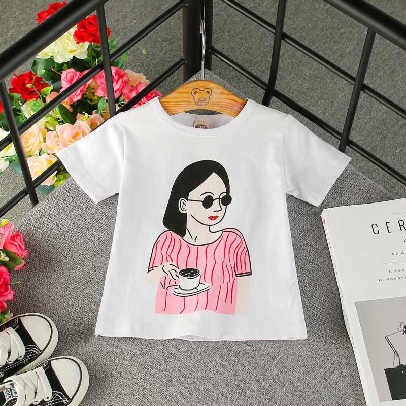 Cô gái thời trang new cartoon puppy in ngắn tay t-shirt 2018 mùa hè mát mẻ vòng cổ áo sơ mi bé quần áo