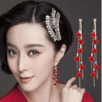 South Korea s925 silver-pin fashion flower earbuds net red earrings for womens ear nails long style Rose floral earrings