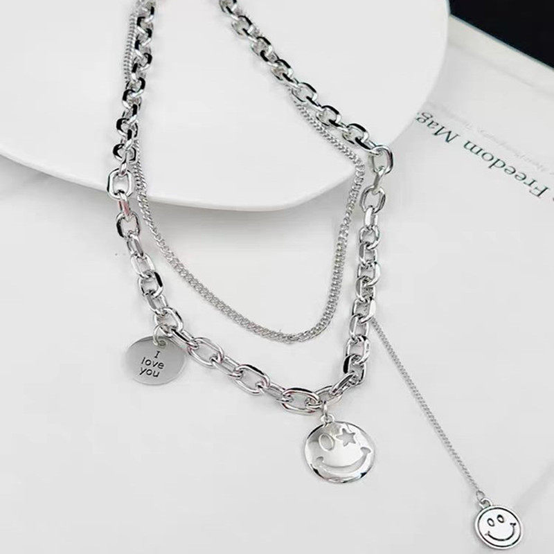 Smiley double clavicle chain female hip-hop street cool girl titanium steel round card thick chain accessories personality necklace trend