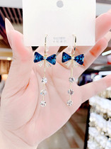 Niche design feel cold wind blue crystal bow earrings simple temperament micro-set silver needle tassel earrings female