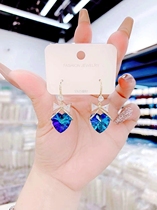 Korean temperament Blue Love crystal diamond earrings 2021 New Tide advanced feeling thin face earrings earrings studs