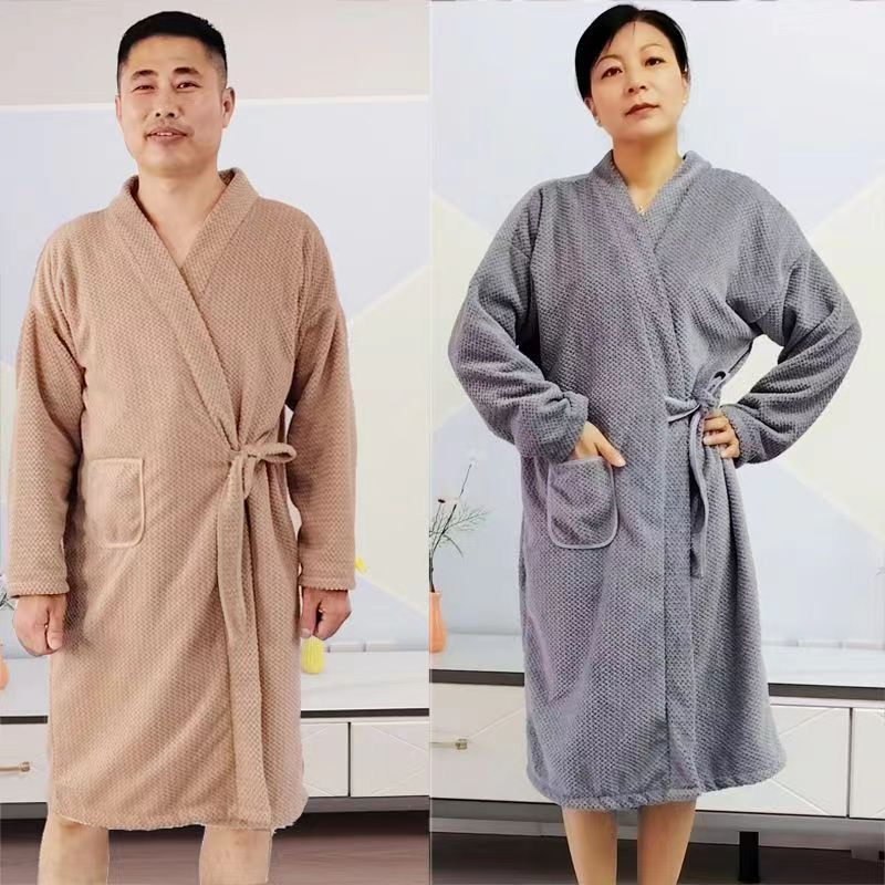New Autumn and Winter Bathrobe, Long-Sleeved, Water-Absorbent, Quick-Drying, Unisex Couple Bathrobe, Autumn and Winter Fleece-Lined Student Hotel-Style Bath Skirt