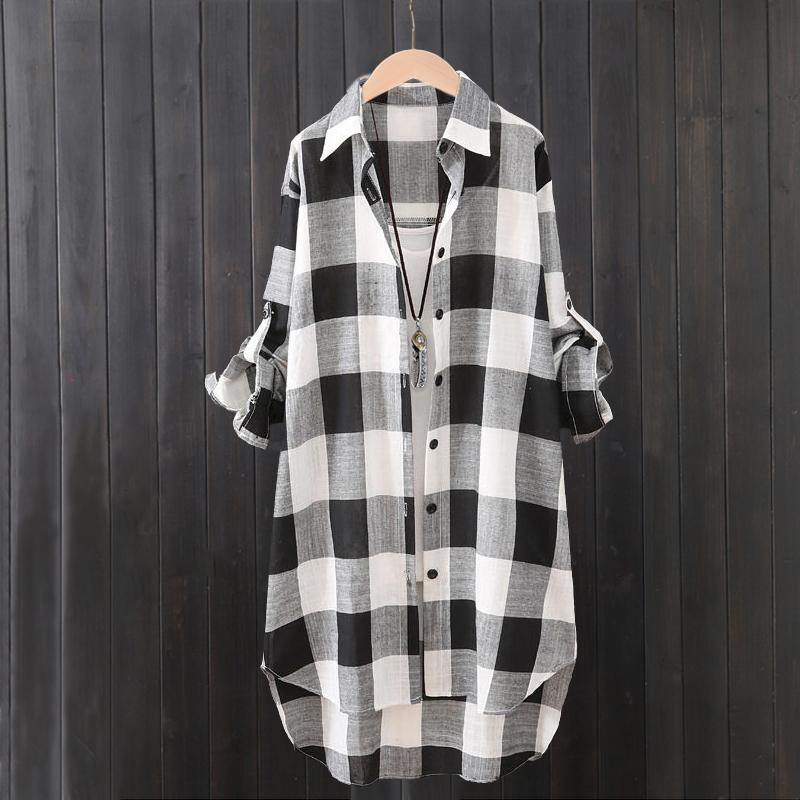 Plaid Shirt for Women, Mid-Length, Unique Design, Loose, Fashionable, Sun-Protective Shirt, Cotton and Linen Shirt, Thin Linen Jacket Plaid Shirt for Women, Mid-Length, Unique Design, Loose, Fashionable, Sun-Protective Shirt, Cotton and Linen Shirt, Thin Linen Jacket