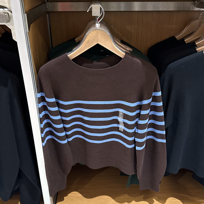 Uniqlo Women's 3D Cotton Round Neck Striped Knit Sweater/Jumper 484504