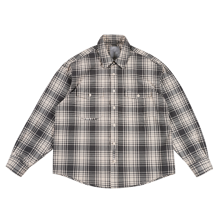 Resalibert Japanese Ultra-Long-Staple Cotton Black and White Checkered Shirt Mud-Dyed Distressed Long-Sleeve Shirt Resalibert Japanese Ultra-Long-Staple Cotton Black and White Checkered Shirt Mud-Dyed Distressed Long-Sleeve Shirt