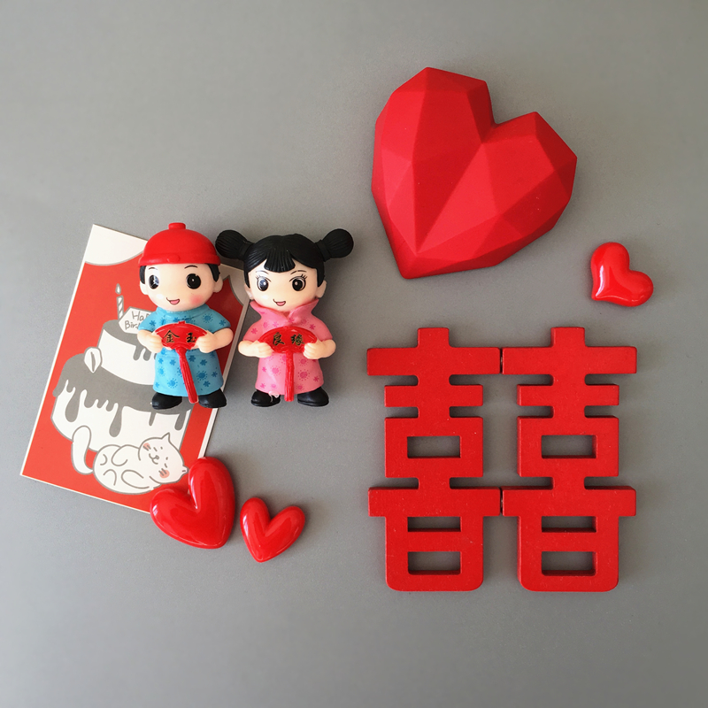 Decoration New Home Love Big Red Hearts Cartoon Lovers Double Happy Words Wedding Creative Fridge Sticker Magnet Spring Festival New Year goods