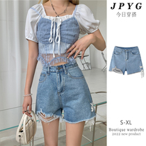 High waist lace strappy jeans women 2022 summer new hot girl slim fit all-match design shorts ins tide