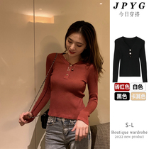 2022 Spring and Autumn New Button Knitted Bottom Shirt Korean Style Slim Slim Design Long-sleeved Top Women
