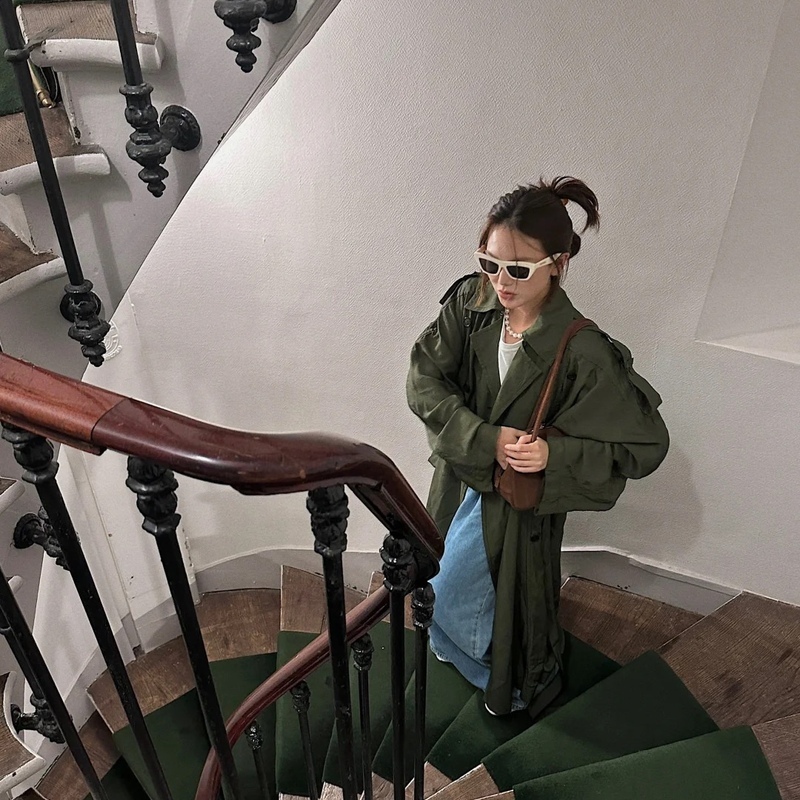 The Same Style for Men and Women, Course Is the Same Style Old Celine Military Green Silhouette Extra Long Oversize Windbreaker Jacket