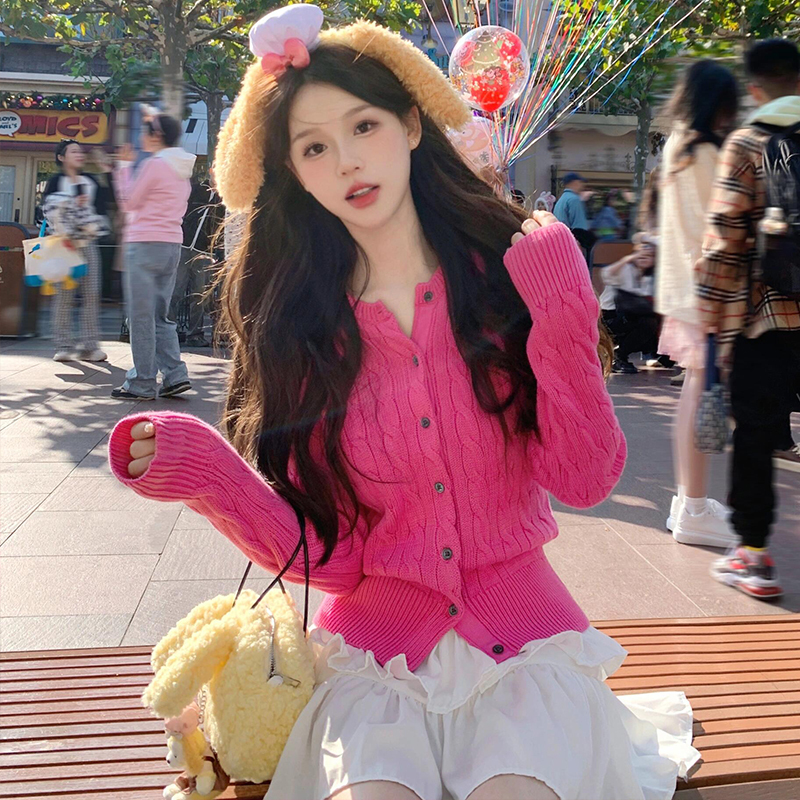 Rose Red Soft Waxy Twist Knit Cardigan, New Autumn Style, Gentle College Style, Sweet Slim-Fit Sweater Coat for Women