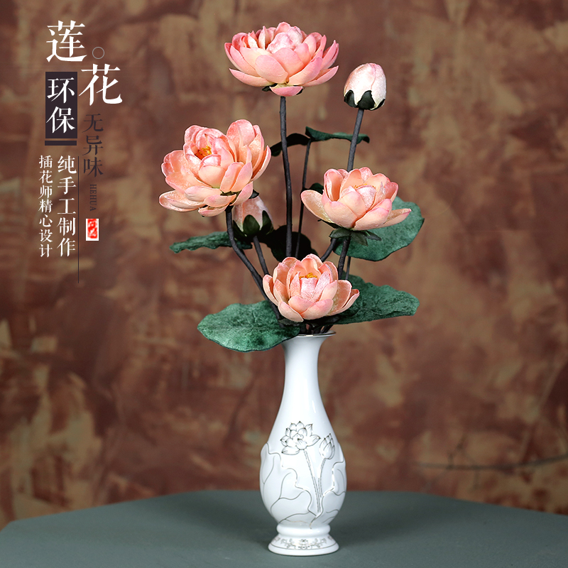 Lotus simulation flower Buddhist hall dedicated to decoration handmade lotus living room fake flower New Chinese upscale Buddhist front vase swing piece
