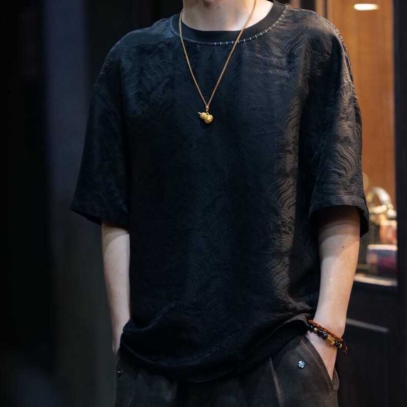 【Zaiyi】2025 New Black Sea Breeze Men's Short-Sleeved T-Shirt with Mulberry Silk Zy0153S