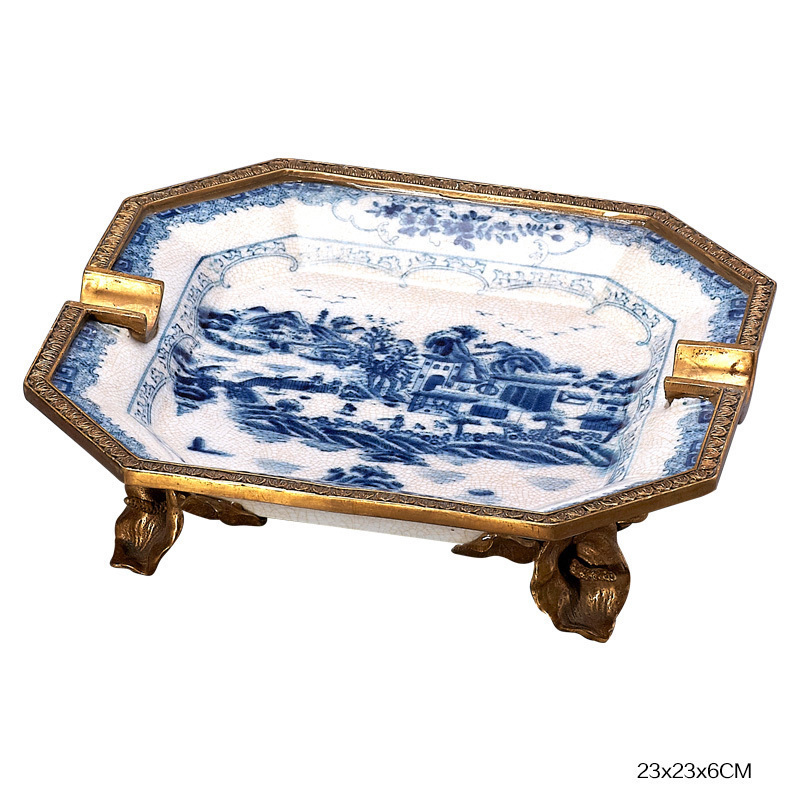 Cigar ashtray large blue ceramic ceramic Chinese style fine copper carving base tobacco pencil room decoration