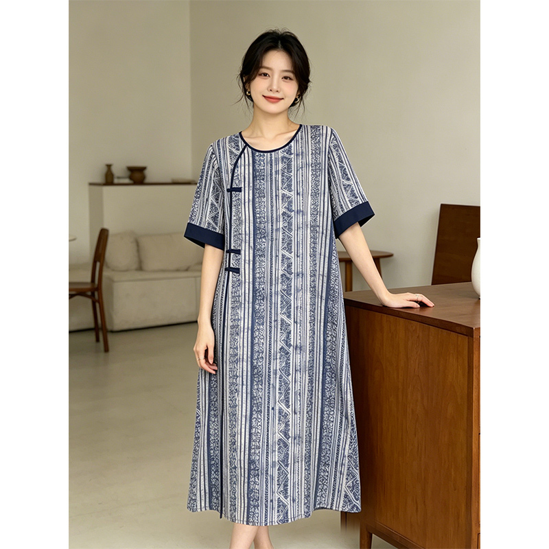 Extended New Chinese-Style Improved Cheongsam Nightdress for Women, Summer Cotton Silk Short-Sleeved National Style with Button Closure, Can Be Worn Outside, Loungewear, Pajamas Extended New Chinese-Style Improved Cheongsam Nightdress for Women, Summer Cotton Silk Short-Sleeved National Style with Button Closure, Can Be Worn Outside, Loungewear, Pajamas