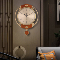 Solid wood clock hanging clock Living room Home Fashion creative atmosphere American round mute quartz clock New Chinese clock