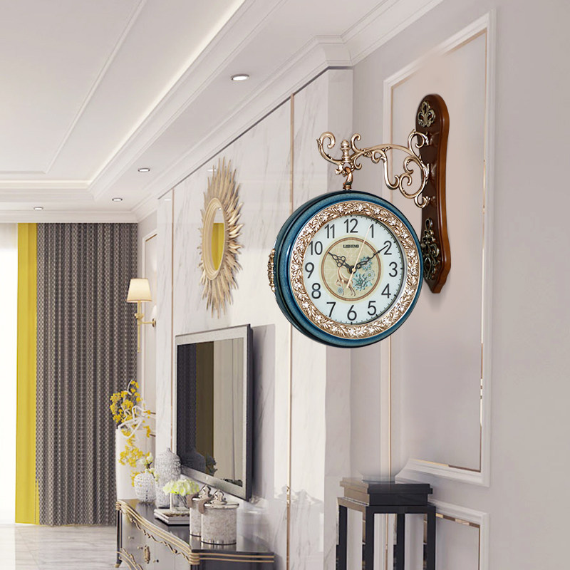 Living room Creative decoration hanging clocks European-style retro double face and watch large number modern minimalist fashion Two-faced quartz hanging watch