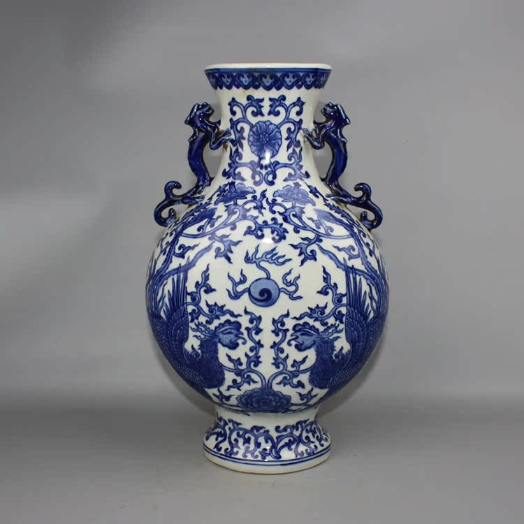 Qingqing flower painting Phoenix double-ear flat bottle double dragon green flower style ancient play antique collection boutique swing piece home ancient porcelain