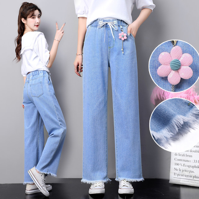 Junior and Middle School Students Wide-Leg Jeans Women's Spring and Autumn  New Versatile Casual Loose Girls Students Big Children Straight Pants