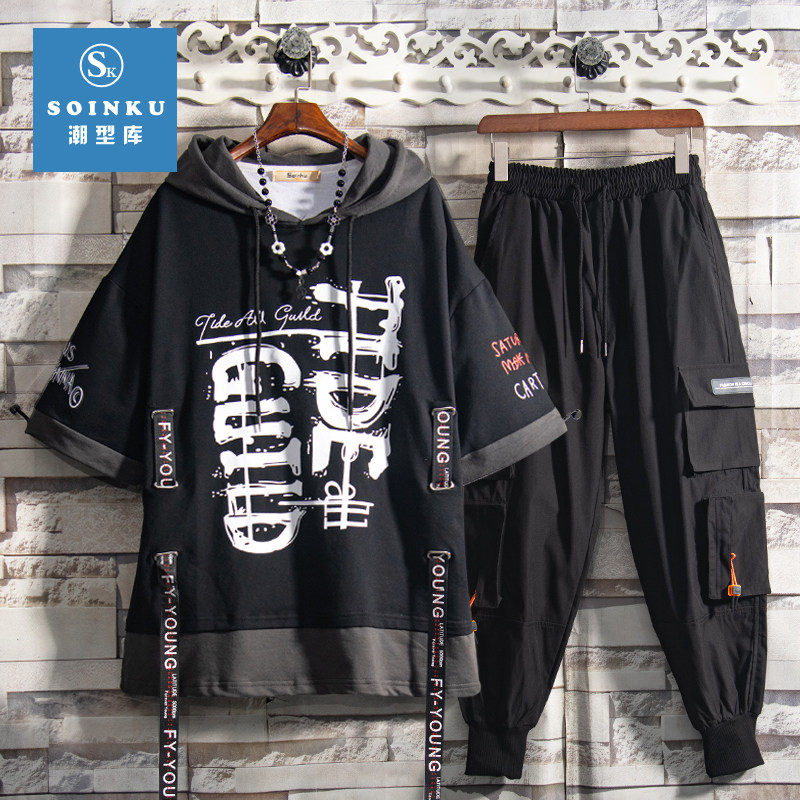 soinku summer sports suit men's hooded short-sleeved T-shirt two-piece trendy handsome with casual pants