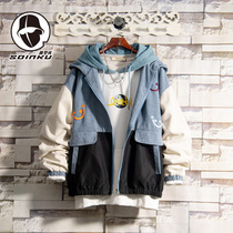 soinku2021 new stitching corduroy jacket men Spring and Autumn ins trend casual loose hooded jacket