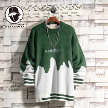 soinku retro tide brand color round neck sweater mens autumn and winter Korean trend loose casual padded sweater