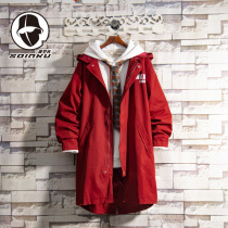 soinku spring and autumn red long trench coat mens autumn plus velvet thickened autumn winter Tide brand hooded coat coat
